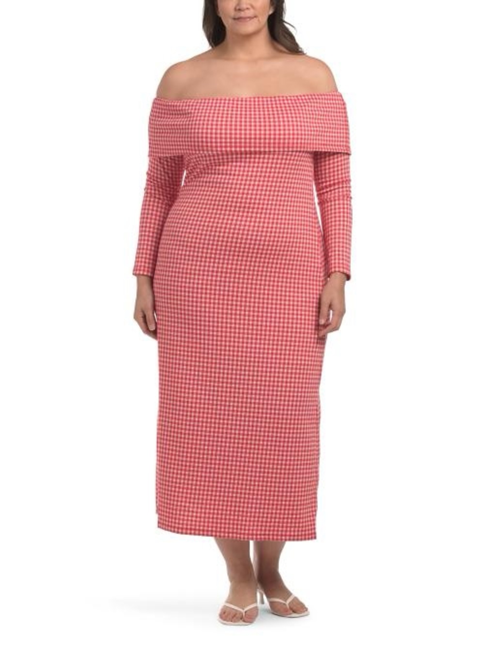 English Factory | Pink Gingham Off-Shoulder Midi Dress Anthropologie